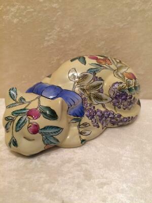 Vintage Sleeping Cat Porcelain With Painted Enamel Floral Design Oriental 9 1/2"