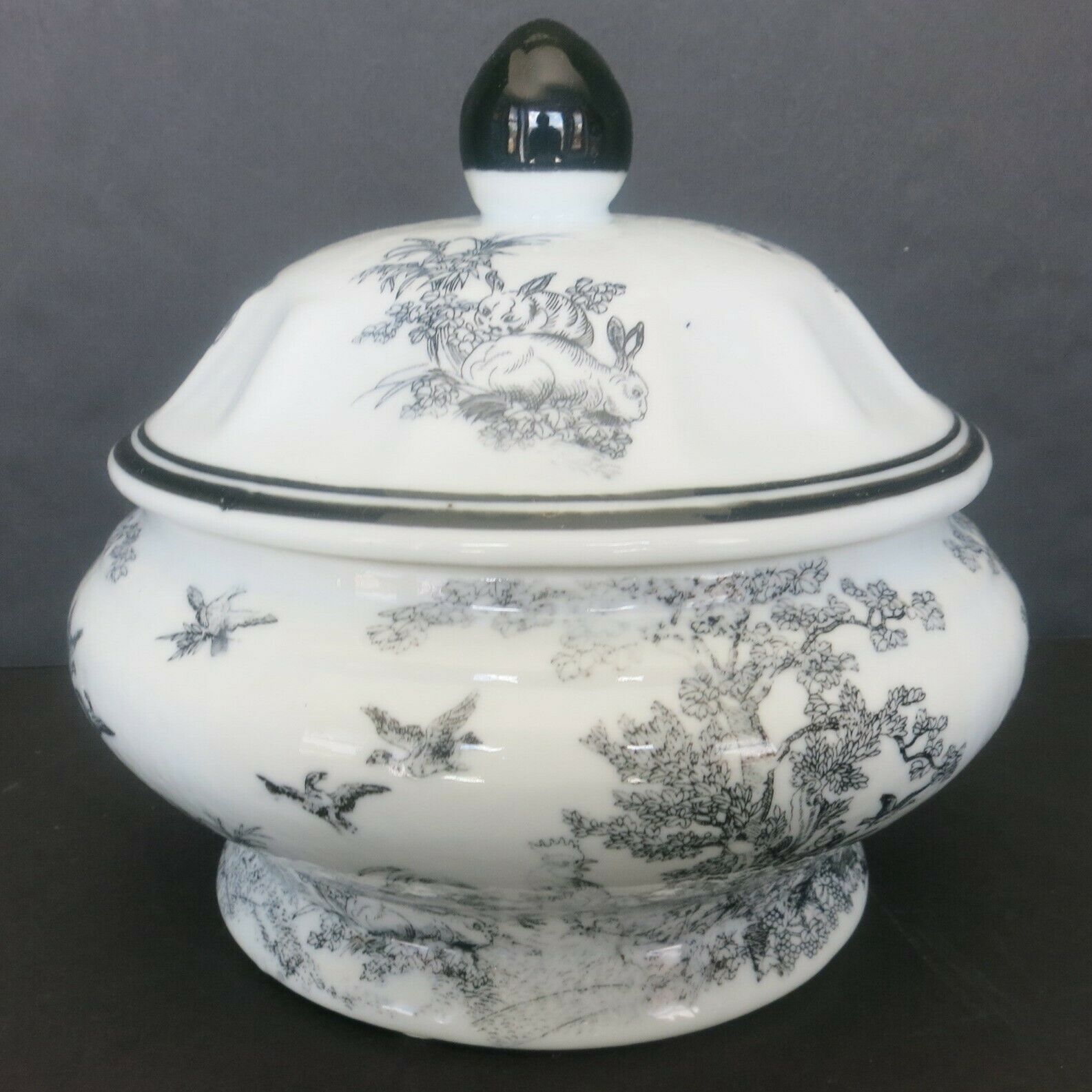 Vintage Black & White Asian Transferware Lidded Pot Bowl Animals & Trees Scene