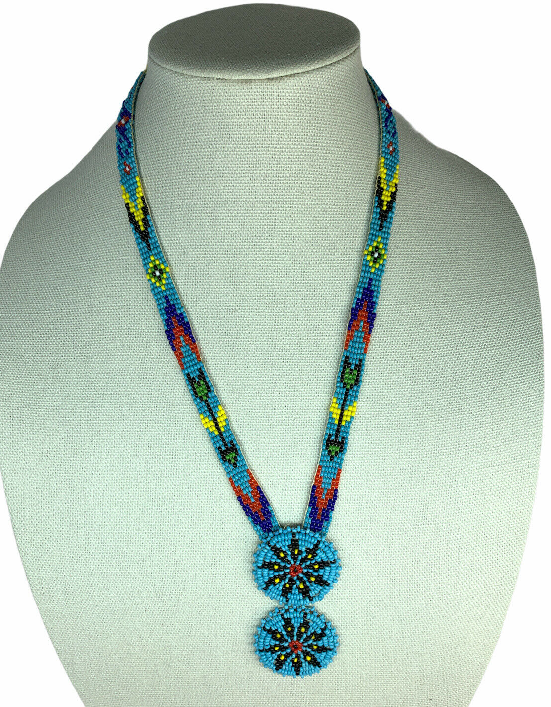Vtg Boho Seed Bead Round Pendant Necklace Sky Blue Red Black Handmade Aztec