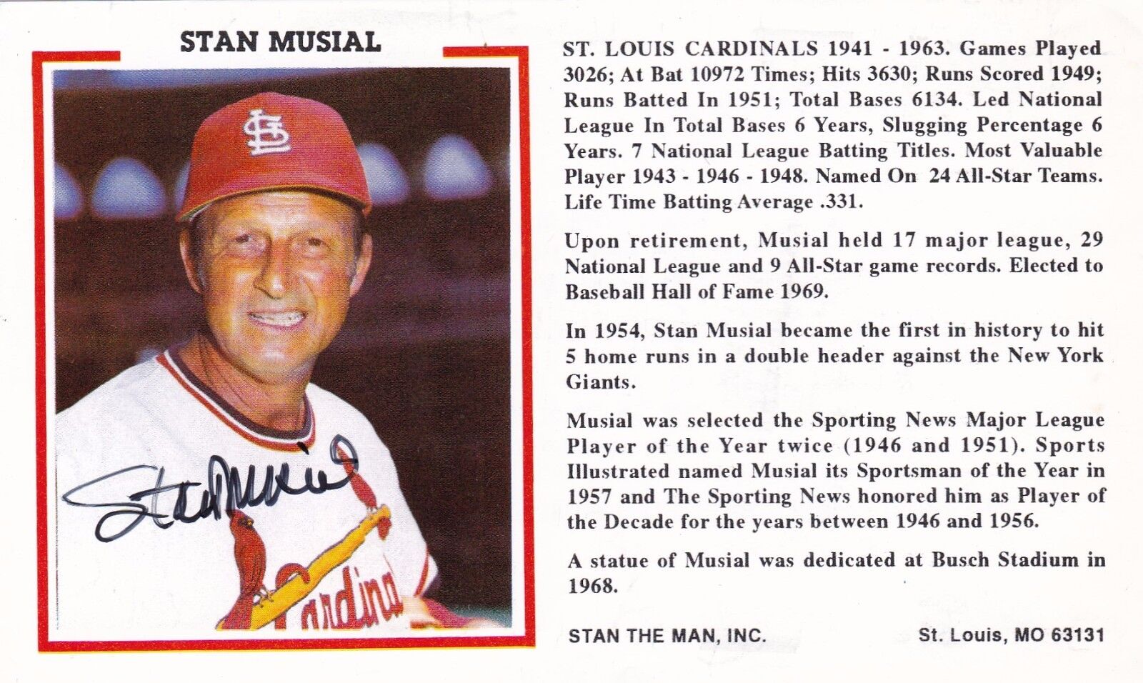 Stan Musial St. Louis Cardinals Signed Stan The Man Inc Ad Card W/our Coa