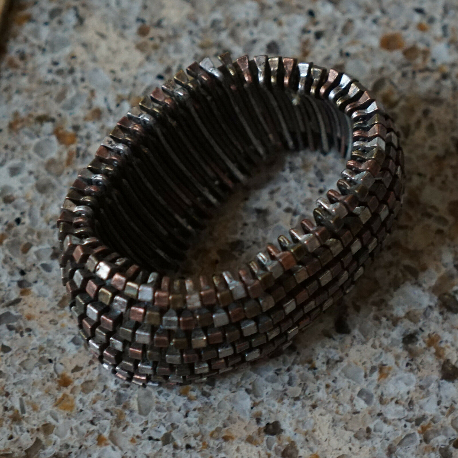 Womens Ethnic Bangle Bracelet - Brass Copper Silver Blocks Thick Stretchy